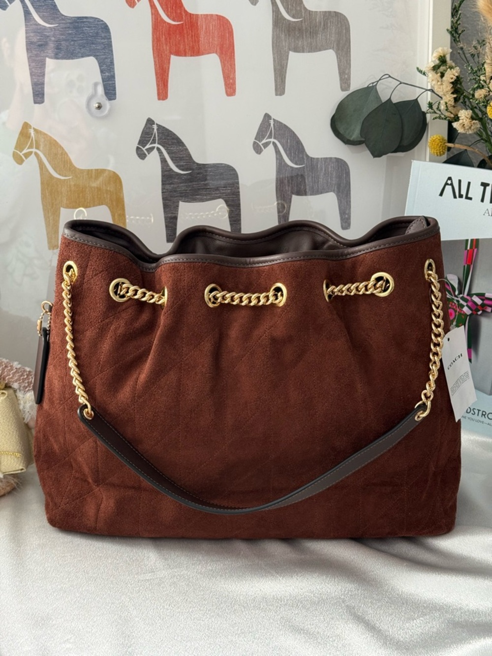 COACH CCZ80 Evelyn Shoulder Bag with Quilting Suede Gold/Vintage Brown/ Mapl WNT - Picture 6 of 13